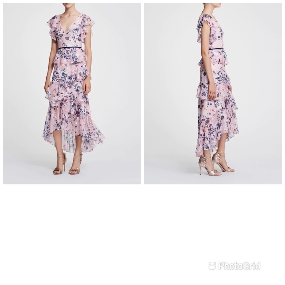 Marchesa Notte‎ Flutter Sleeve V Neck Tea Length Gown Sz 0
